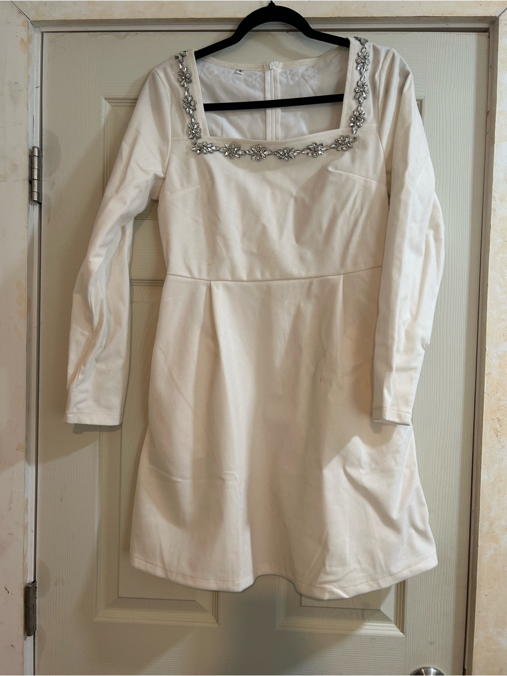 Embellished Square Neck White Long-Sleeve Dress